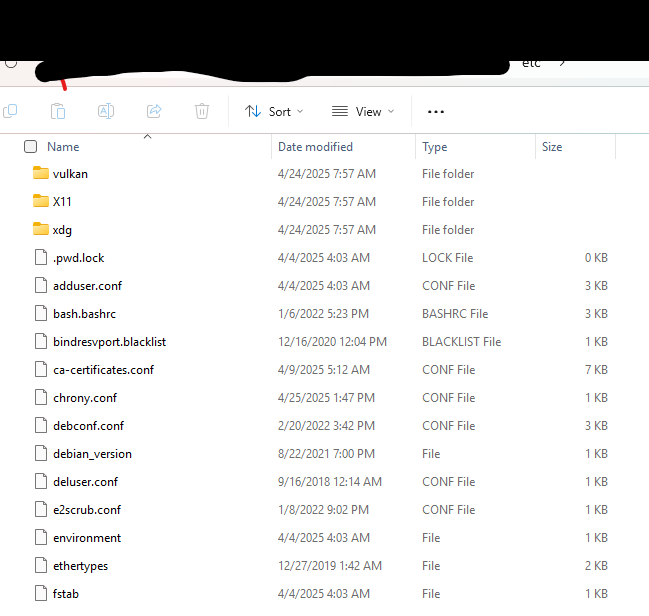 Screenshot showing contents of /etc directory