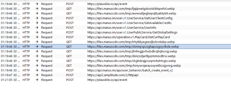 Screenshot of network traffic logs showing API requests