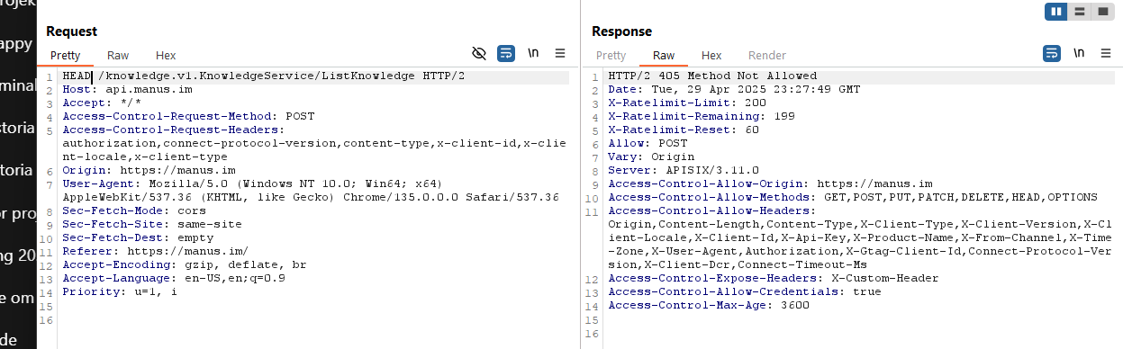 Screenshot showing API request and 405 response